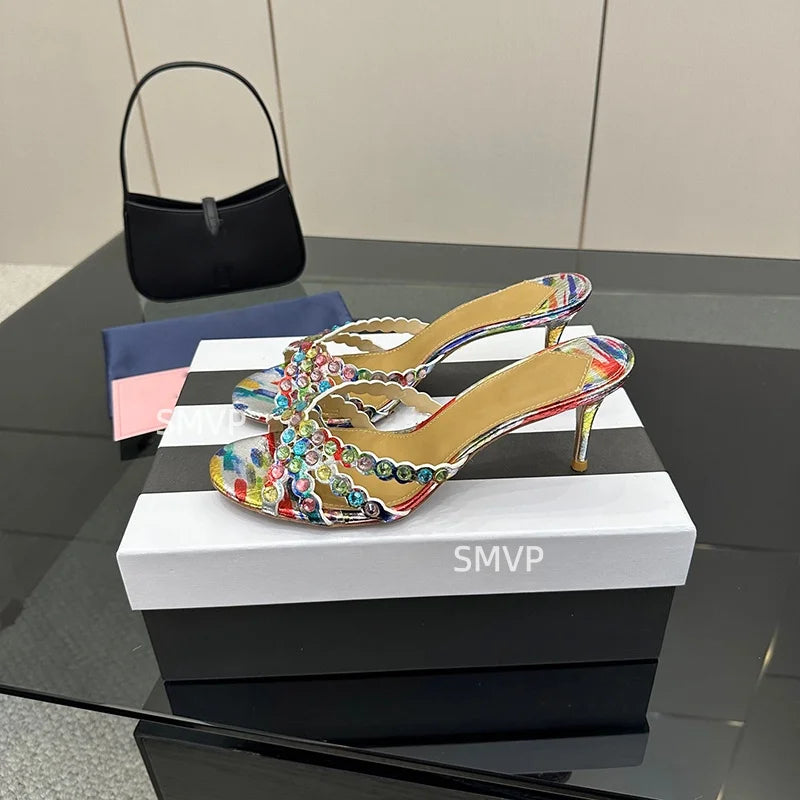 Summer 2026 Women's Pink Crystal High Heels Diamond-Encrusted Slim Heel Sandals for Outdoor Weddings Parties Fashionable Ladies'