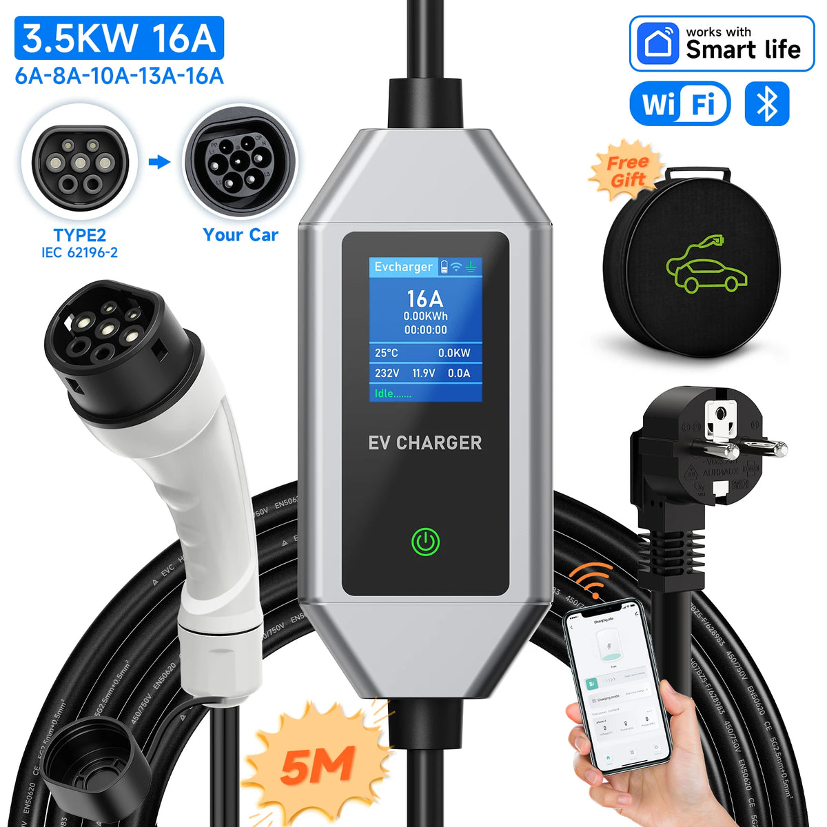 AFEEV Type2/Type1 Portable EV Charger 3.5KW 16A Electric Car Charger EVSE Fast Charging Cable Wallbox APP Bluetooth Control