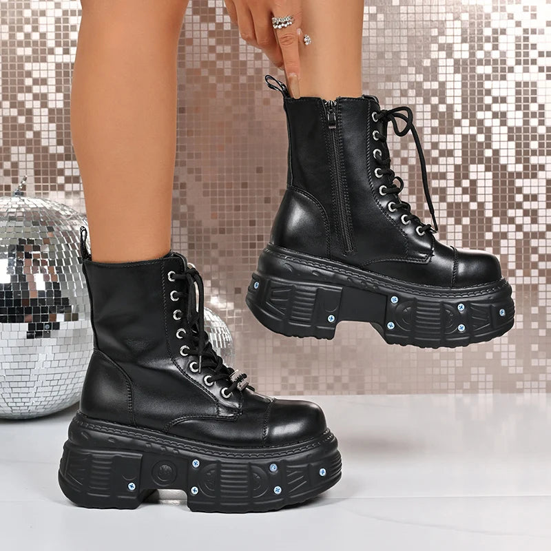 Chunky Platform Punk Ankle Boots Women Thick Bottom Metal Rivet Combat Booties Woman Autumn Winter Black PU Leather Botas Mujer