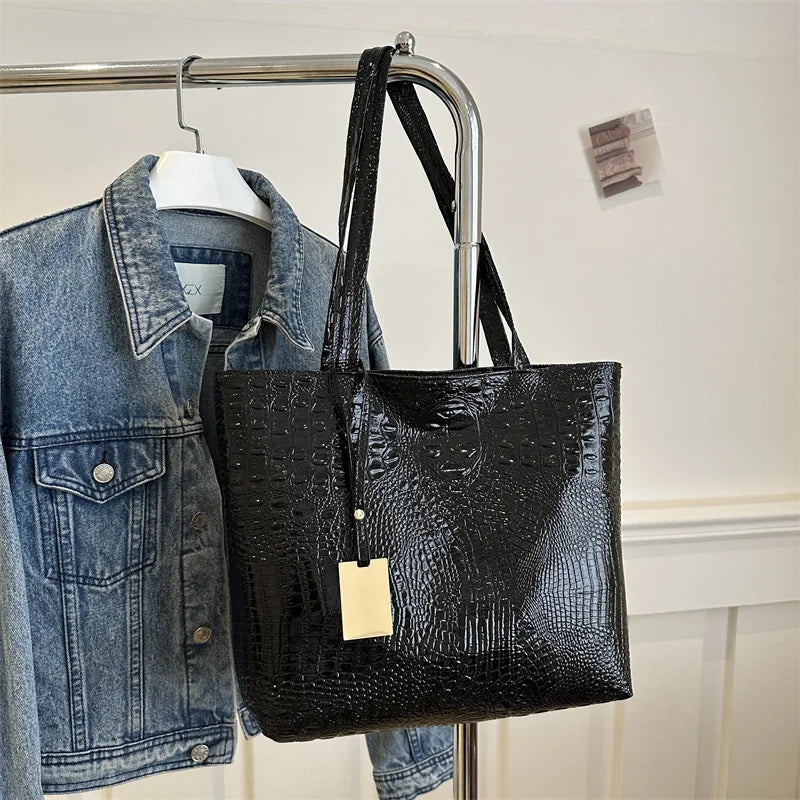 Fashion Casual Women Shoulder Bags Silver Gold Black Crocodile Handbag PU Leather Female Big Tote Bag Ladies Hand Bags Sac