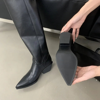 Eilyken Designer Belt Buckle Pointed Toe Women Knee-High Boots Fashion Winter Zipper Square Low Heels Female Shoes