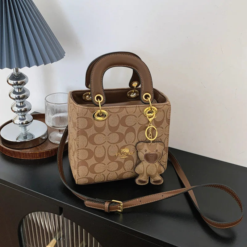 Luxury Women Bag 2026 New Vintage Classic Monogram Handbag Fashion Designer Ladies Tote Crossbody Bag with Bear Charm