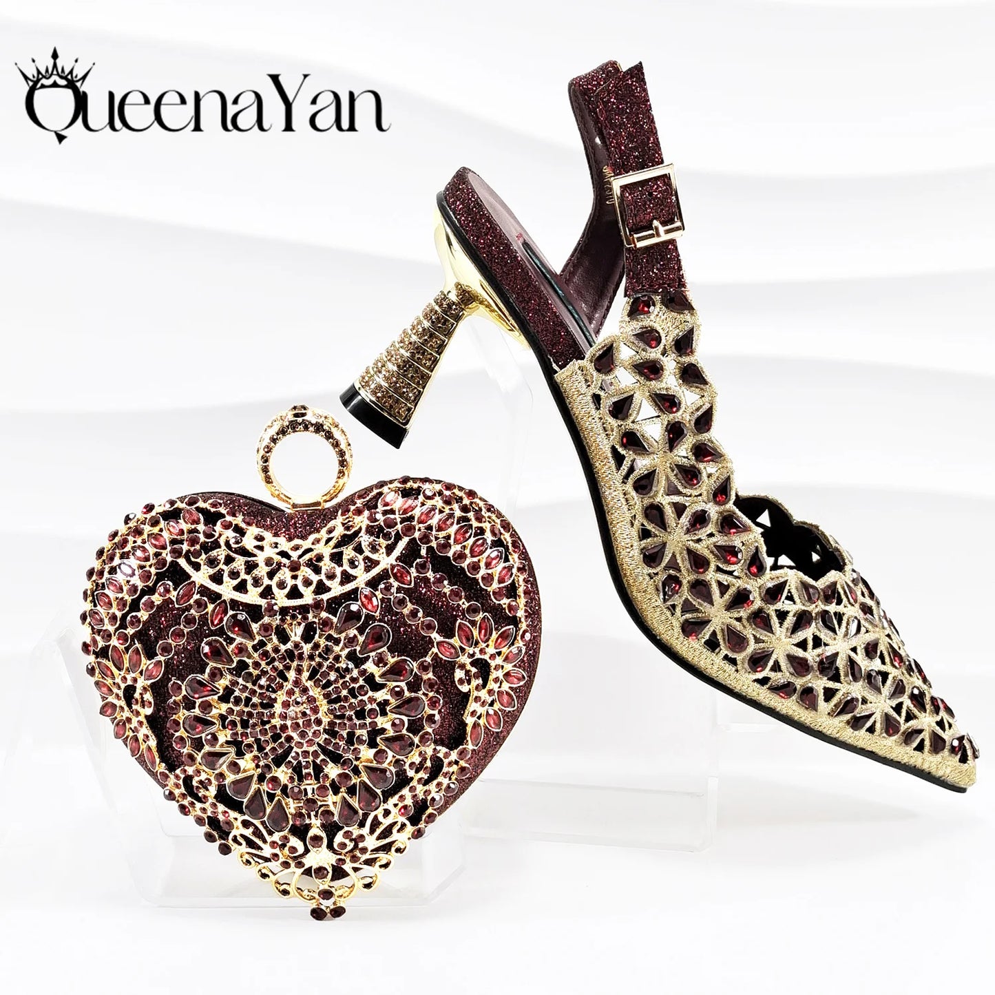 QSGFC Italian Design Rhinestone-encrusted Sex Ladies Shoes And Special Bag High Heels And Heart Shape Gold Mini Bag