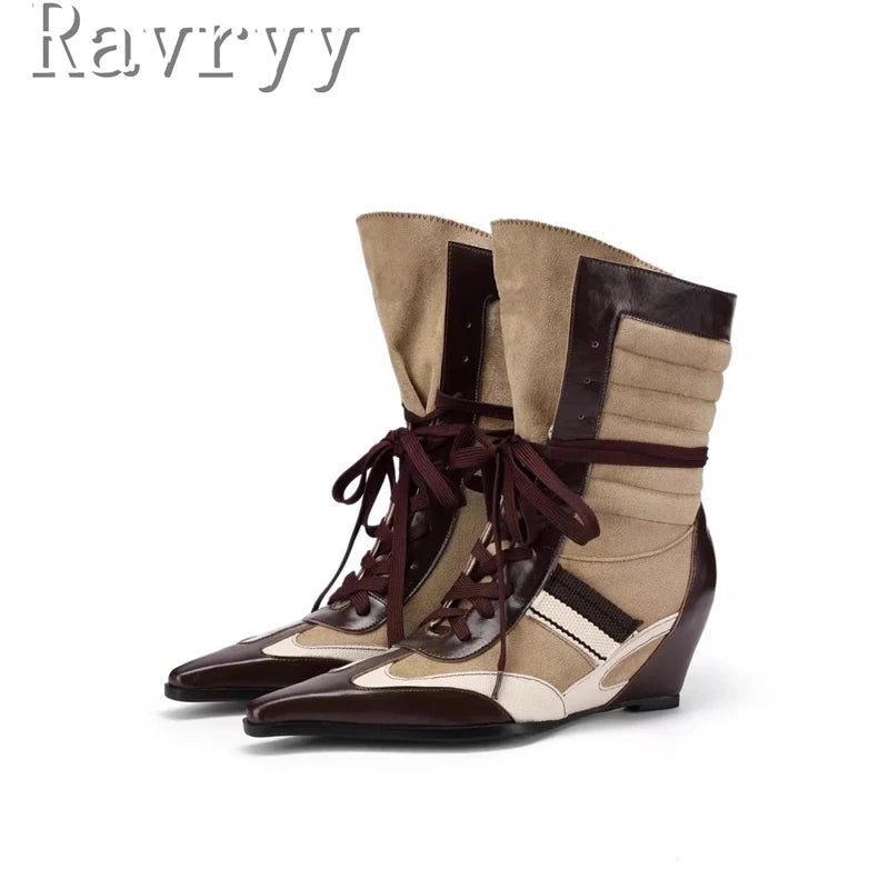 Niche Design Pointed Toe Colorblock Short Boots Fashion Women's Wedge Heel Lace Up Sporty Boxing Boots