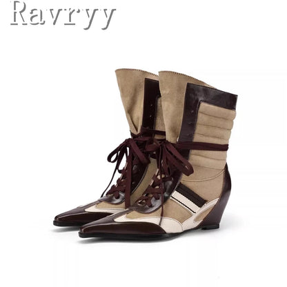 Niche Design Pointed Toe Colorblock Short Boots Fashion Women's Wedge Heel Lace Up Sporty Boxing Boots