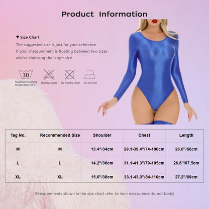 Women's Swimsuit One Piece Swimwear Oil Glossy Stretchy Gym Fitness Long Sleeve Round Neck Tights Leotard Bodysuit Clubwear