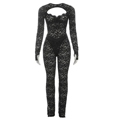 Weird Puss See Through 2 Piece Set Women Sexy  Hollow Jacquard Backless Bodysuit+Leggings Tight Activity Clubwear Skinny Outfits