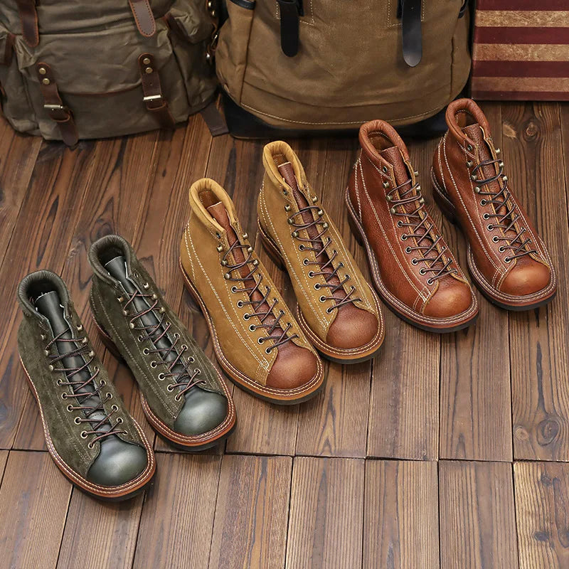 European and American Short Face Top Layer Cowhide Men's Motorcycle Work Boots Retro Leather Short Boots