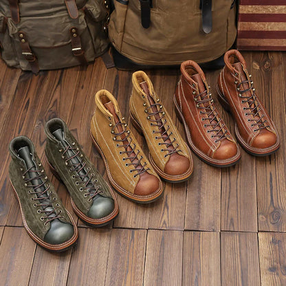 European and American Short Face Top Layer Cowhide Men's Motorcycle Work Boots Retro Leather Short Boots