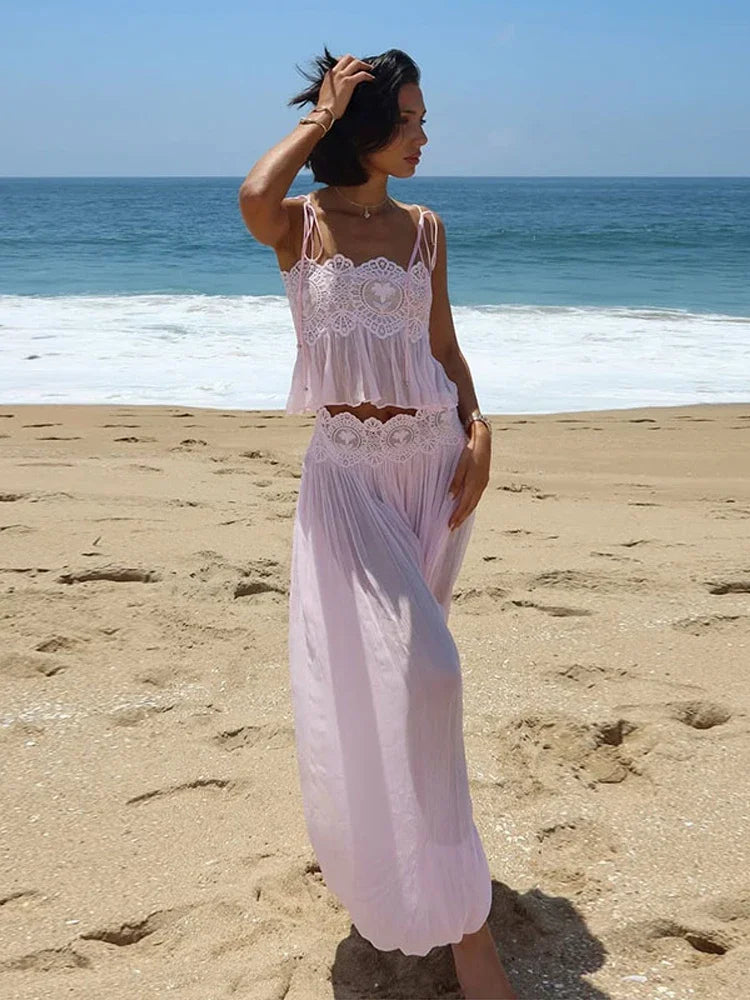 Floral Lace Embroidered Sheer Sling 2 Pcs Set Spaghetti Strap Crop Top High Waist Lantern Pants 2026 Summer Beach Women Outfits