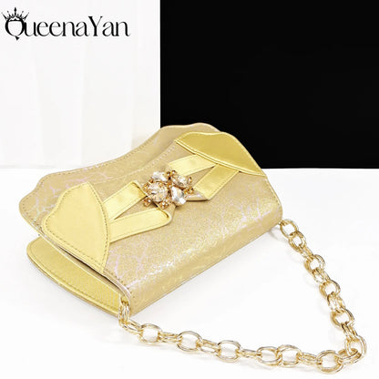 QueenaYan 2026 New Summer Collection Stylish Italian Women’s Shoes and Bag Set Gold Colour Comfortable Low Heels With Rhinestone