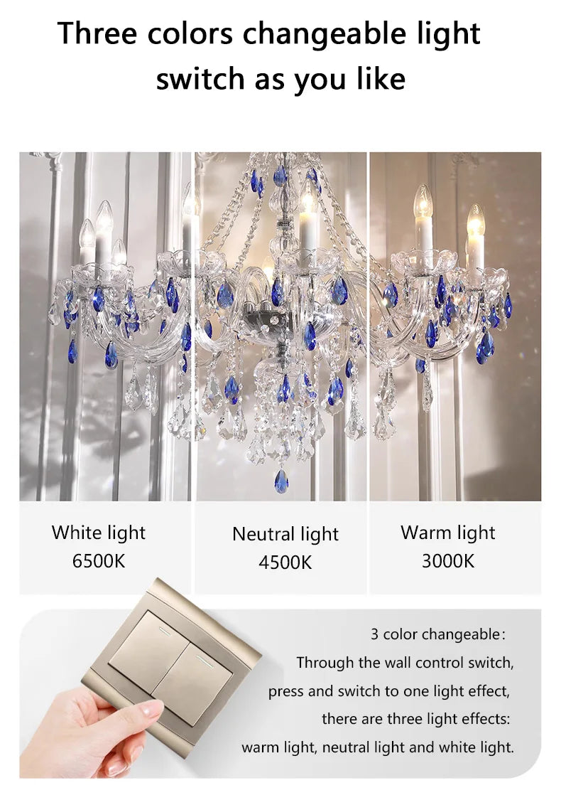 French Blue Romantic Crysatl Chandeliers Light Luxury Glass Living Room Art Decor Candle Pendant Lights Lighting Bedroom Lamps