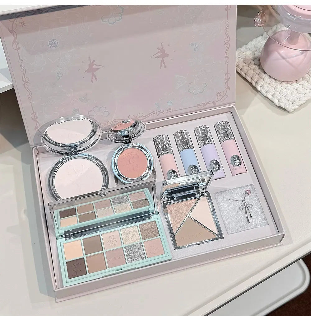 NICEKEY Makeup Kit Include 4 Matte Lipgloss,1 Face Blusher,1 Pressed Powder,1 Eyesshadow Palette,1 Contour Palette With Necklace