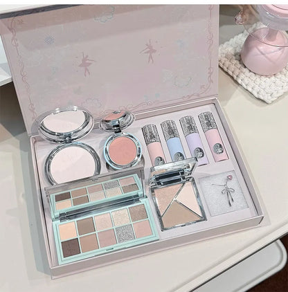 NICEKEY Makeup Kit Include 4 Matte Lipgloss,1 Face Blusher,1 Pressed Powder,1 Eyesshadow Palette,1 Contour Palette With Necklace