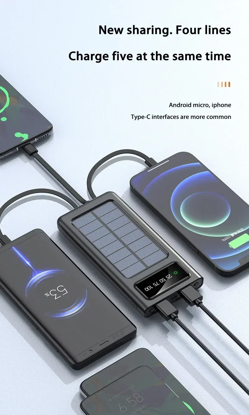 Lenovo Solar Power Bank 200000mAh Large Capacity Mobile Power Fast Charging Battery With Dual USB 4-Cables For iPhone Samsung