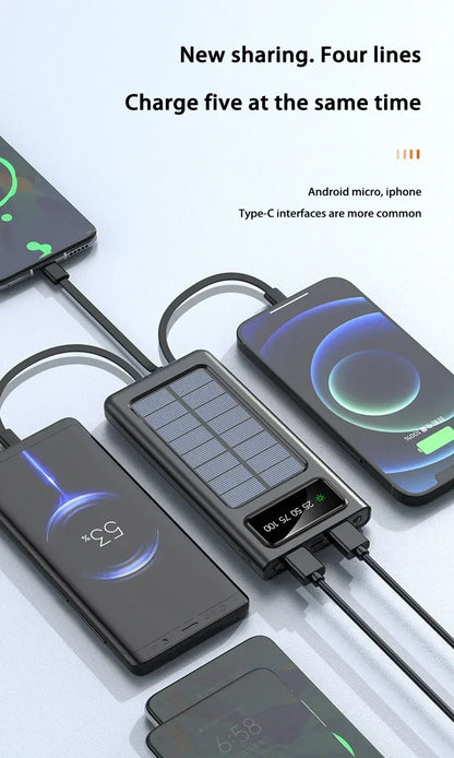 Lenovo Solar Power Bank 200000mAh Large Capacity Mobile Power Fast Charging Battery With Dual USB 4-Cables For iPhone Samsung