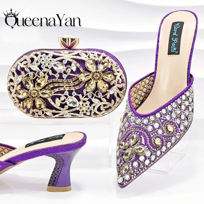 QUEENA YAN Luxury Pink Rhinestone Party Shoes and Clutch for Women- Elegant Crystal Heels with Matching Evening Bag
