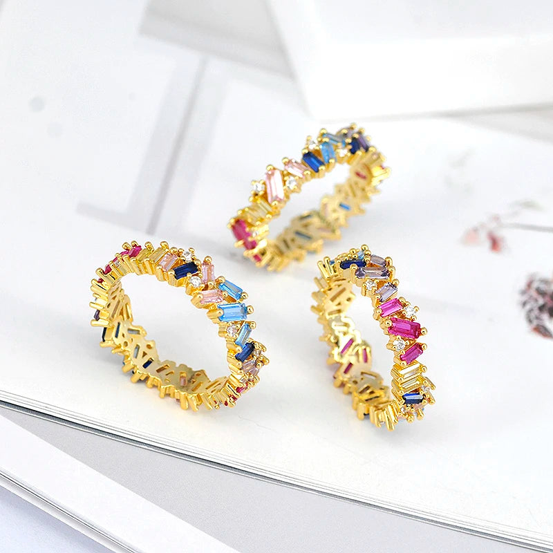 24K Gold Plated Colorful Crystal Gold Rings Turquoise Engagement Wedding Anniversary Ring Light Luxury Fashion Jewelry Gifts A40