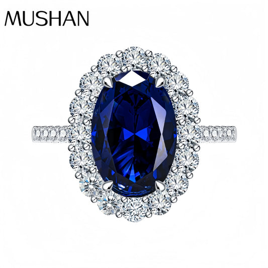 MUSHAN Luxury Jewelry 925 Sterling Silver Rings Bands For Women 4.4 Carat Blue HCD Gemstones Sapphire 8*12mm Oval Ring Jewelry