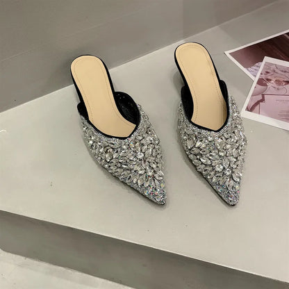 Luxury Rhinestone Sandals Women Slingback Slippers Female Fashions Low Heel Flip-flops Shiny Pointed Pumps Women Mules Slippers