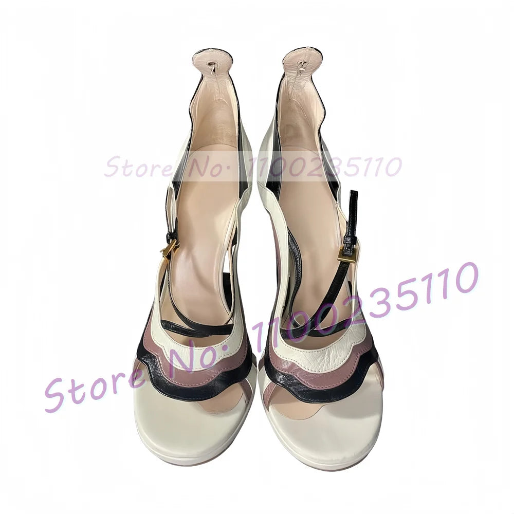 Mixed Colors Ankle Strap Sandals Women Elegant Wave Edge Cross Strap High Heels Female Button Decor Newest Open Toe Party Shoes