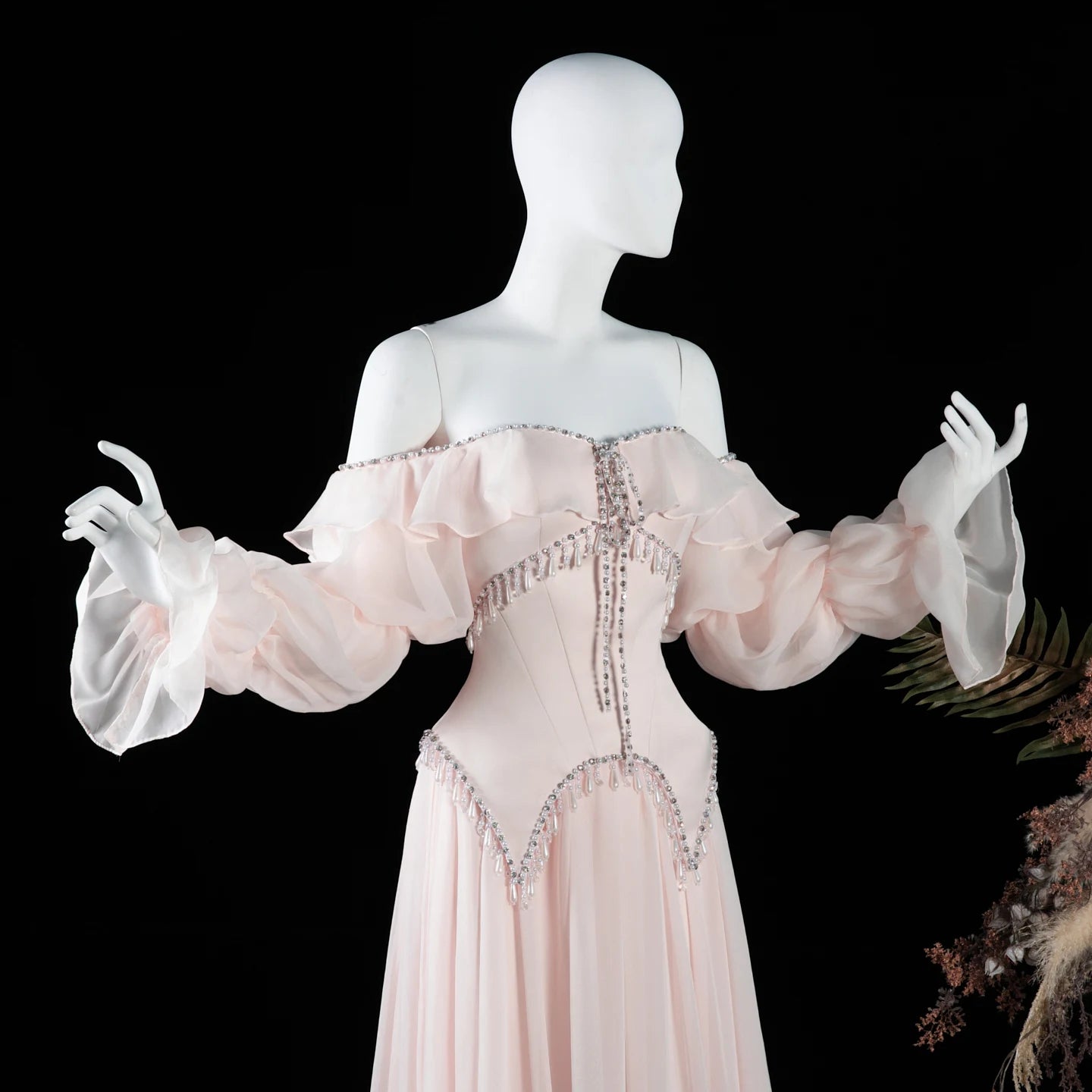 Sharon Said Evening Dresses Luxury A-Line Off Shoulder Chiffon Pearls Crystals Puff Sleeves Wedding Party Gowns SS412 Customized