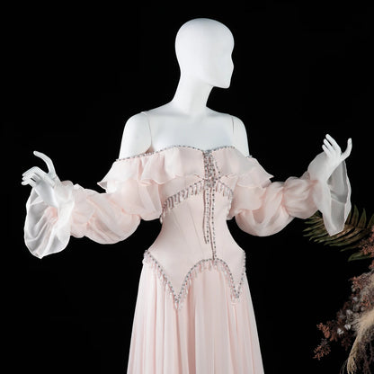 Sharon Said Evening Dresses Luxury A-Line Off Shoulder Chiffon Pearls Crystals Puff Sleeves Wedding Party Gowns SS412 Customized
