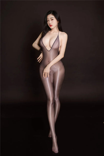 Sexy Women Glossiness Tights Backless Bodysuit Unisex Glossy T-shirt Yoga Bulge Pouch Elephant Nose Maid Leotard V Neck