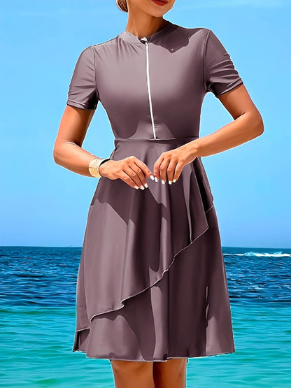 2026 Long Knee Swimwear Female Tankini 2 Pieces Zipper Swimsuit Women Beach Dress Solid Bathers Bathing Swimming Swim Suit