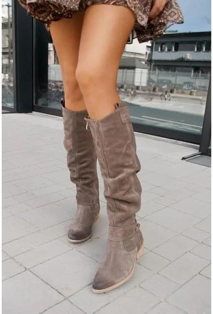 Women's Boots Suede Mid-Calf Boots Low Heel Side Zip Women Casual Shoes Autumn Winter Knee High Boot Retro Plus Size Long Boots
