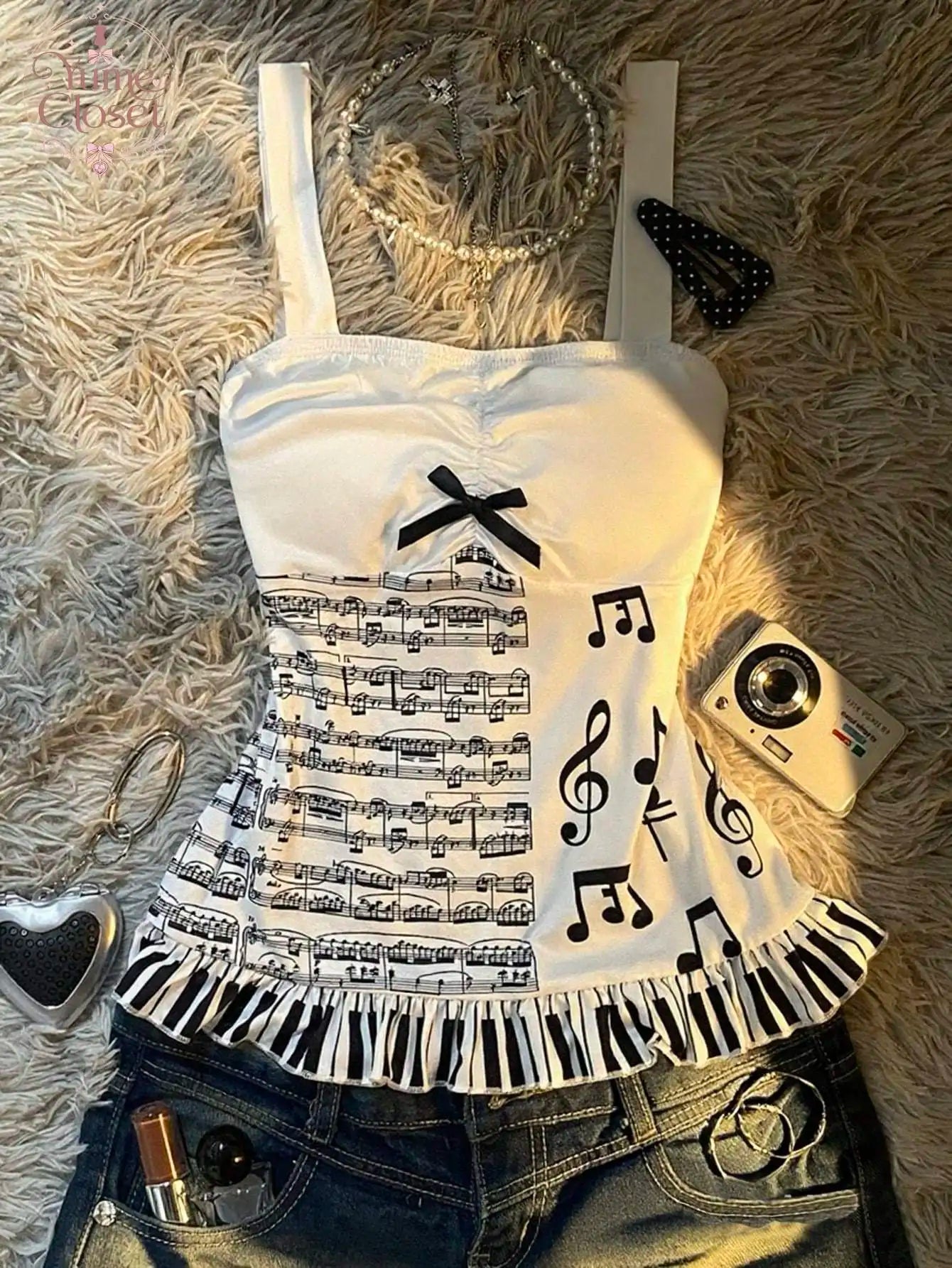 Y2K Music Note Print Cami Top Women White Ruched Bust Bow Piano Key Ruffle Hem Slim Fit Sleeveless Summer Streetwear Tank Top