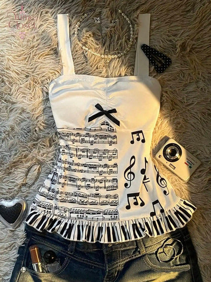 Y2K Music Note Print Cami Top Women White Ruched Bust Bow Piano Key Ruffle Hem Slim Fit Sleeveless Summer Streetwear Tank Top