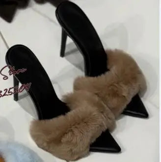 Surkova Sky Blue Black Luxury Fur Embellished Sandals Suede Thin High Heel Slippers Steel Tip Toe Slip-on Evening Shoes Size46