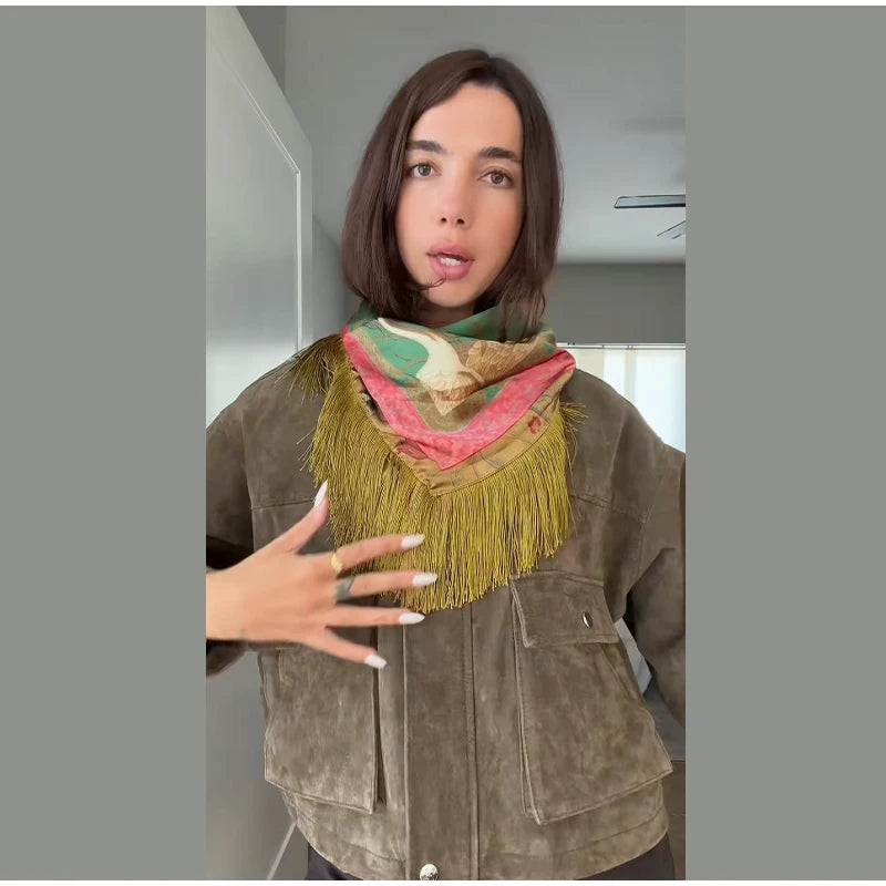 Tassel Floral Women ’s Scarf Large Square Silky Satin Scarf With Olive Fringe Trim Scarf Female 2026 Spring Woman Accessory
