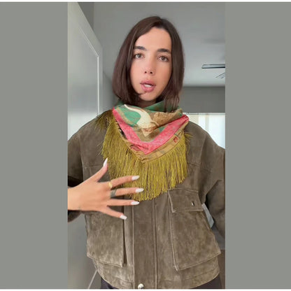 Tassel Floral Women ’s Scarf Large Square Silky Satin Scarf With Olive Fringe Trim Scarf Female 2026 Spring Woman Accessory