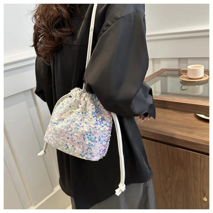 Shiny Sequin Drawstring Shoulder Bags for Women, Mini Crossbody Purse ,Sparkly Evening Handbag Suitable for Party Night Out