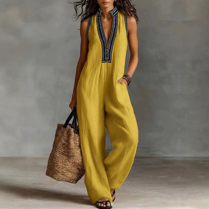Sexy Deep V Neck Hollow Women's Jumpsuits Vintage Printed High Waist Slim Office Romper Spring Summer Sleeveless Pocket