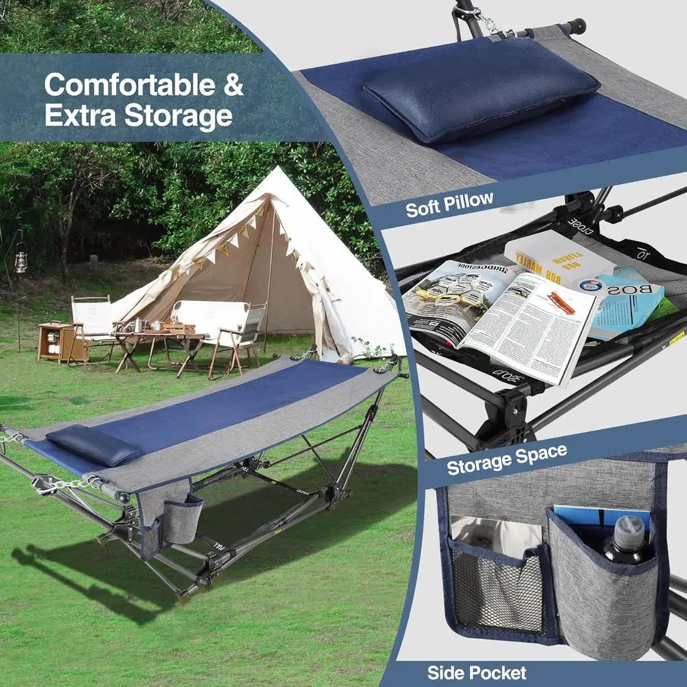 Portable olding Hammock with Stand,oldable Camping Hammock with Removable Pillow,Storage Net,oldable Lounge Camping Bed or Adult