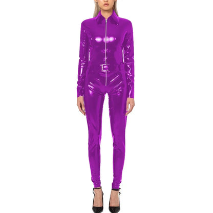 Plus Size Faux Latex Catsuit Elastic PVC Leather Zipper Long Sleeve Jumpsuit Tight Sexy Cosplay Rompers Ankle-length Club Zentai