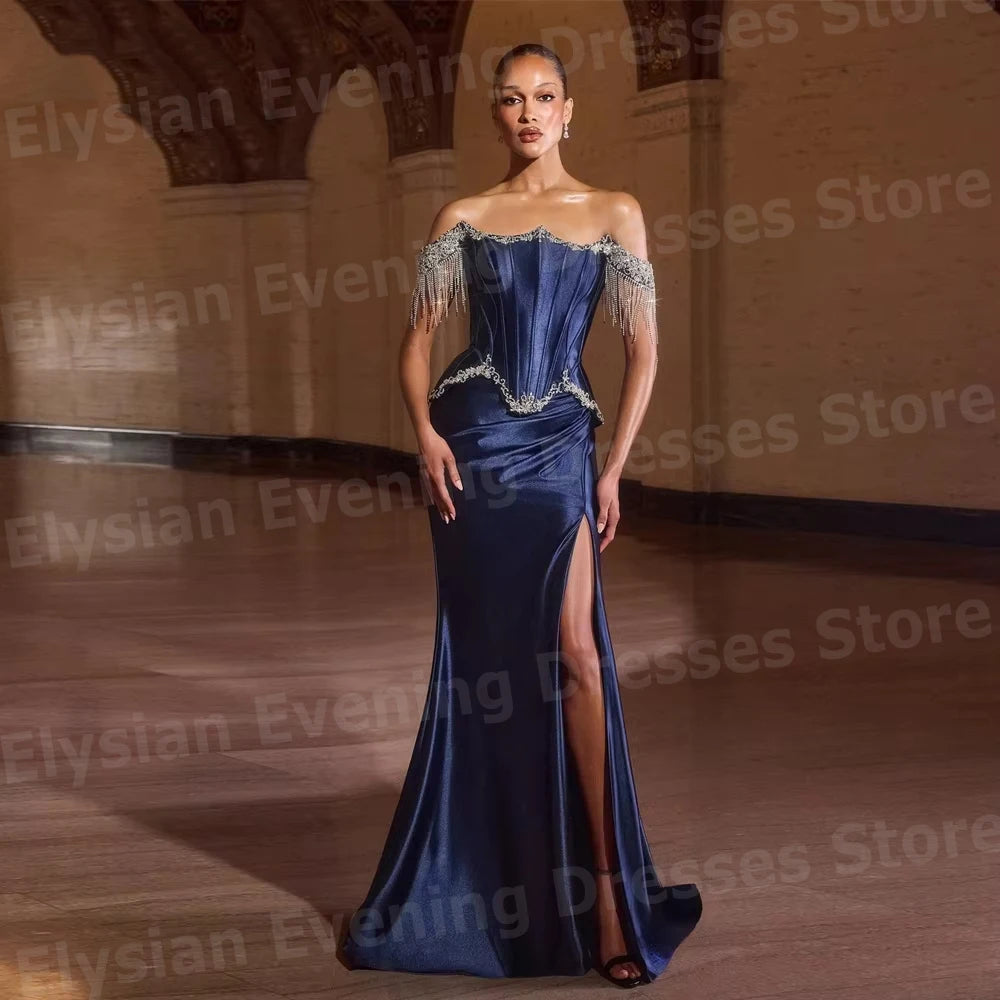 Elegant Women's Mermaid Off Shoulder Beaded Side Slit Evening Dresses Customized Robe De Soirée Prom Gowns Vestidos Para Mujer