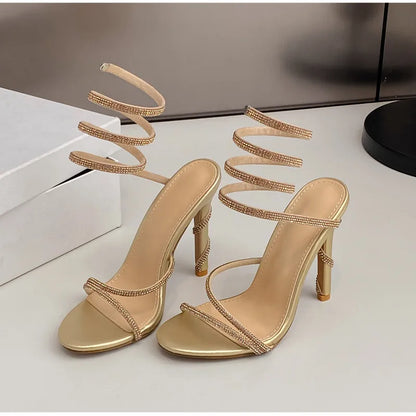 Luxury Crystal Snake Coiled Women Sandals Sexy Narrow band Thin High heels Wedding Party Female Gladiator Sandals Summer Shoes
