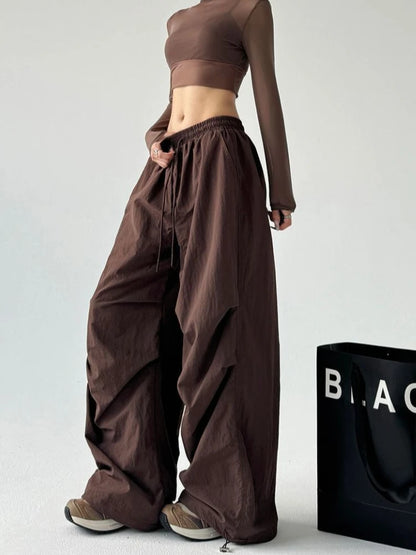 Women's Brown Parachute Pants 2026 Summer New Loose Straight Wide Leg Trousers Casual Quick Dry Cargo Pants Streetwear