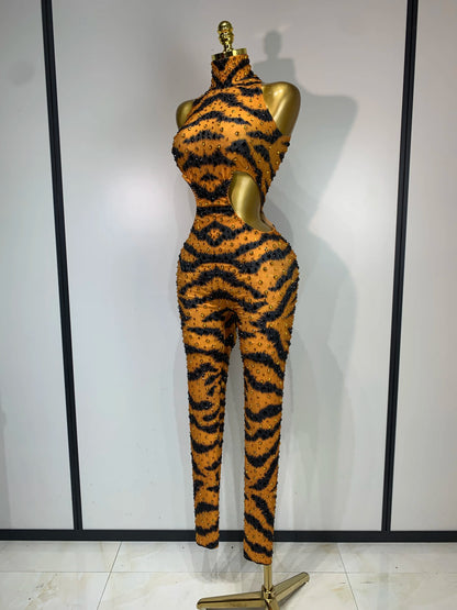 Sparkly Rhinestone Tiger Pattern Tight Fitting Jumpsuit Evening Party Sexy Nightclub DJ Stage Performance Outfit