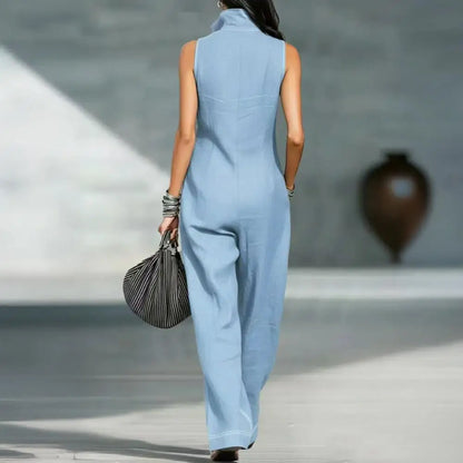 Solid Color Women Sleeveless Jumpsuit Casual Long Pants Rompers with Pockets Summer Zip Up Stand Collar One Piece Overalls