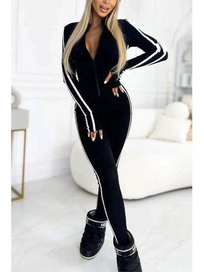 Fashion V-neck Long Sleeve Stripe Bodycon Jumpsuits 2025 Woman Autumn Winter Solid Sport Zipper Slim Jumpsuits For Women