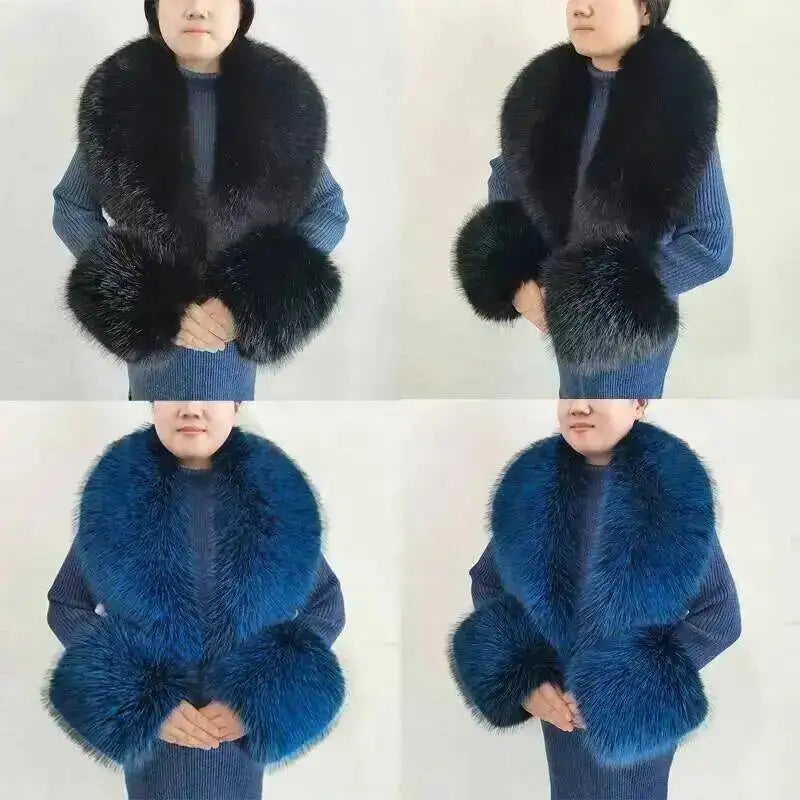 Large Women Faux Fox Fur Scarf Winter Jackets Warm Fluffy Shawl Fashion Artificial Fur Collar And Cuff Set Fluffy Scarves Female