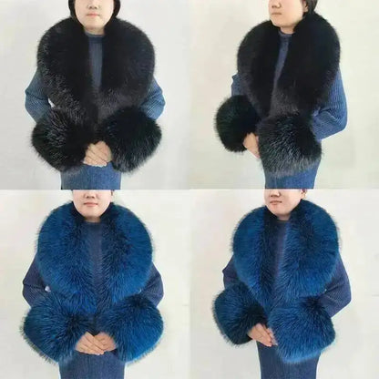 Large Women Faux Fox Fur Scarf Winter Jackets Warm Fluffy Shawl Fashion Artificial Fur Collar And Cuff Set Fluffy Scarves Female