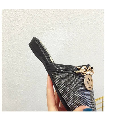 2025 New Summer Shoes for Women Luxury Slipper Girl Bling Crystal Chain Casual Flat Sandals Girl Pointed Toe Slides