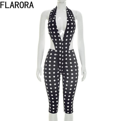 FLARORA Sexy Polka Dot Print Jumpsuits Woman Hipster Halter Sleeveless Backless Hollow Skinny Jumpsuit Hottie Party Streetwear