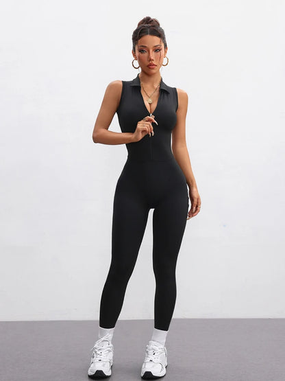 Sexy Mesh Patchwork Yoga Overalls for Women Zip-up Sleeveless Black Overalls One Piece Gym Fitness Sports Jumpsuits Tracksuits